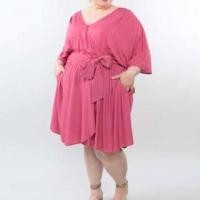 ราคา 3/4-Sleeve V-Neck Plain Tie Waist A-Line Dress (1131066754)
