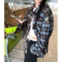 ราคา Long Sleeve Collared Plaid Lettering Embroidered Distressed Shirt Plaid - Black - One Size (1131086940)