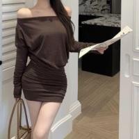 ราคา One-Shoulder Long-Sleeve Plain Shirred Mini Bodycon Dress (1131080596)