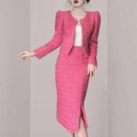 ราคา Set: Round Neck Tweed Button Jacket + High Waist Slit Midi Pencil Skirt (1131079349)