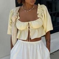 ราคา Elbow-Sleeve Scoop Neck Gingham Frill Trim Cutout Tie Front Crop Blouse (1131092911)