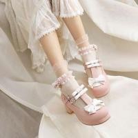 ราคา Block Heel T-Strap Bow Accent Ruffled Pumps (1124449480)