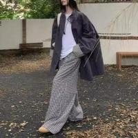 ราคา Stand Collar Plaid Panel Button-Up Trench Coat / High Waist Gingham Wide Leg Pants (1131102063)