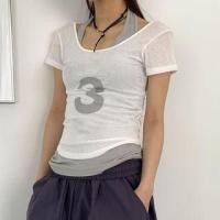 ราคา Short Sleeve Numbering Print See-Through Slim-Fit Crop Top With Tank Top (1129414331)