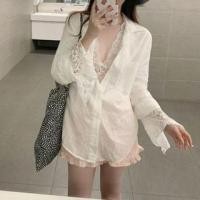 ราคา Set: Long Sleeve Collared Plain Mock Two Piece Shirt + Sleeveless V-Neck Lace Top Set of 2 - Lace Top & Shirt - White - One Size (1131121562)