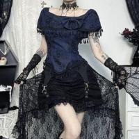 ราคา Short-Sleeve Off-Shoulder Bow Accent Fringed Lace Crop Top / High Waist Buckled High Low A-Line Skirt (1131123655)