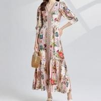 ราคา 3/4-Sleeve V-Neck Patterned Print Shirred Maxi A-Line Dress (1131140724)