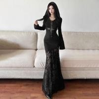 ราคา Bell Sleeve Plain Lace Panel Slim-Fit Maxi Bodycon Dress (1131136178)