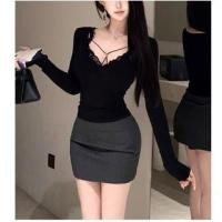 ราคา Long-Sleeve V-Neck Plain T-Shirt / Lace Bra Top (1131137929)