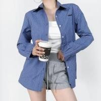 ราคา Long-Sleeve Plaid Lettering Embroidered Button-Up Shirt (1131145230)