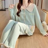 ราคา Maternity Long-Sleeve Peter Pan Collar Two Tone Floral Applique Button-Up Pajama Top / Crew Neck Contrast Lace Trim Top / Pants / Set (1131154593)
