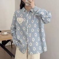 ราคา Long-Sleeve Collared Plaid Heart Applique Button-Up Blouse Plaid - Blue - One Size (1131155003)