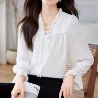 ราคา Long Sleeve V-Neck Plain Frill Tie Front Blouse (1131171702)