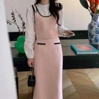 ราคา Long-Sleeve Stand Collar Plain Frill Trim Blouse / Scoop Neck Contrast Trim Crop Vest / High Waist Maxi Straight Skirt / Sleeveless Mini A-Line Dress / Set (1131156753)