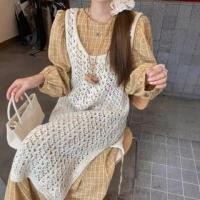 ราคา Long-Sleeve Crew Neck Plaid Tie Waist Midi A-Line Dress / Scoop Neck Plain Perforated Slit Knit Pinafore Dress (1131182828)