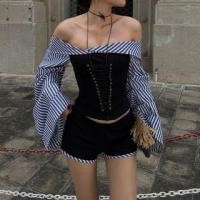ราคา Set: Flared-Sleeve Off-Shoulder Striped Panel Lace-Up Cropped Blouse + Low Rise Hot Pants (1131186286)