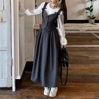 ราคา Long-Sleeve Crew Neck Plain Frill Trim Perforated Button-Up Blouse / V-Neck Bow Accent Crop Vest / High Rise Midi A-Line Skirt (1131182813)
