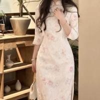 ราคา Elbow Sleeve Floral Print Midi Sheath Qipao (1131397633)