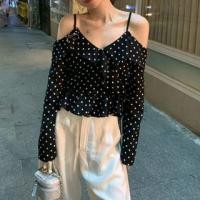 ราคา Cold-Shoulder Dotted Blouse White Dots - Black - One Size (1131398327)