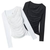 ราคา Long Sleeve Lettering Print Mesh Panel Ruched Slim-Fit T-Shirt (1131422328)