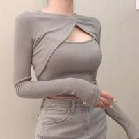ราคา Long Sleeve Mock Two Piece Plain Cut-Out Slim-Fit Crop Top (1131422583)