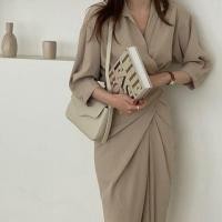 ราคา 3/4-Sleeve V-Neck Plain Midi Shirt Dress (1120130629)