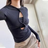 ราคา Long Sleeve Plain Cut-Out Slim-Fit Crop Top (1131422610)