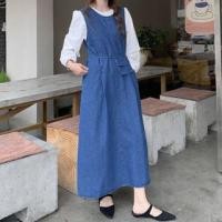 ราคา Puff-Sleeve Plain Blouse / Round Neck Denim Maxi Jumper Dress / Belt Bag / Set (1131431164)