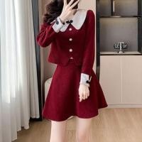 ราคา Set: Long-Sleeve Peter Pan Collar Floral Jacquard Panel Frog Buttoned Corduroy Crop Blouse + High Rise Plain Mini A-Line Skirt (1131433459)