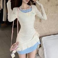ราคา Mock Two-Piece Long-Sleeve Halter Plaid Panel Drawstring Mini Sheath Knit Dress (1131442578)
