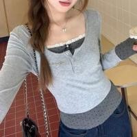 ราคา Mock Two-Piece Long-Sleeve Henley Dotted Panel Slim Fit Tee Gray - One Size (1131442595)