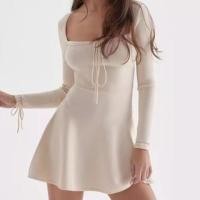 ราคา Long Sleeve Square-Neck Plain Bow Accent Knit Mini A-Line Dress (1131467839)