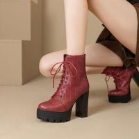 ราคา Crocodile Grain Platform Block Heel Lace Up Short Boots (1131454156)