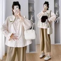 ราคา Maternity Long-Sleeve Peter Pan Collar Contrast Trim Button-Up Blouse / High Waist Plain Cropped Wide Leg Pants / Round Neck Hedgehog Print Sweater Vest / Set (1131460890)