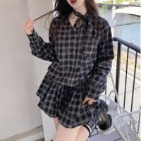 ราคา Long-Sleeve Tie-Neck Plaid Button-Up Mini Shirtdress (1131460118)