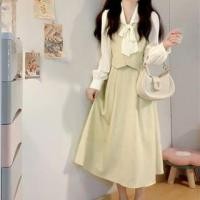 ราคา Puff-Sleeve Tie-Neck Two Tone Mock Two-Piece Midi A-Line Dress (1131461907)