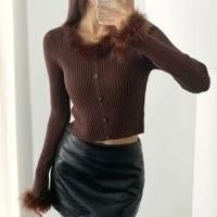ราคา Long Sleeve Furry-Trim Plain Ribbed-Knit Slim-Fit Crop Cardigan (1131477434)