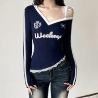 ราคา Long Sleeve Cold-Shoulder Contrast-Trim Lace Panel Lettering Print Slim-Fit T-Shirt (1131475561)