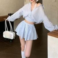 ราคา Halter V-Neck Lace Crop Top / Long-Sleeve Collared Striped Buttoned Blouse / Drawstring Waist Frill Trim Mini A-Line Skirt / Set (1131478532)