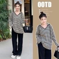 ราคา Maternity Long-Sleeve V-Neck Striped Drawstring Hooded T-Shirt (1131493127)
