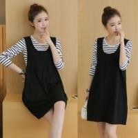 ราคา Maternity Set: Long-Sleeve Round Neck Striped T-Shirt + Plain A-Line Jumper Dress (1131493234)