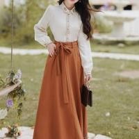 ราคา Short-Sleeve Embroidered Denim Top / Long-Sleeve Shirt / High Waist Maxi A-Line Skirt / Sash / Set (1131490685)