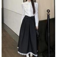 ราคา Long-Sleeve Peter Pan Collar Plain Frill Trim Button-Up Crop Blouse / High Waist Bow Accent Contrast Lace Trim Midi A-Line Skirt (1131484846)
