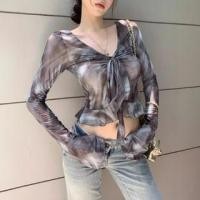 ราคา Long Sleeve V-Neck Tie Front Cropped Top Gray - One Size (1131485023)