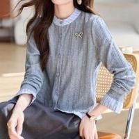 ราคา Long Sleeve Mock Neck Striped Ruffle Panel Blouse (1131500269)