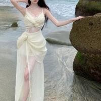 ราคา Spaghetti Strap V-Neck Plain Lace Panel A-Line Maxi Dress (1131508554)