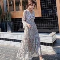 ราคา Long-Sleeve V-Neck Floral Print Wrap Midi A-Line Dress (1118638428)