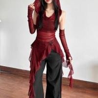 ราคา Set: Sleeveless Cowl Neck Patterned Print Ruffle Hood Asymmetrical Mesh Top + Arm Sleeves (1131506106)