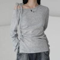 ราคา Long Sleeve Cold-Shoulder Tie-Strap Plain Slim-Fit Knit Top (1131504530)