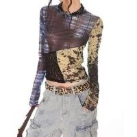 ราคา Long-Sleeve Crew Neck Print Panel Mesh Crop Slim Fit T-Shirt Blue & Black & Almond - One Size (1131524208)